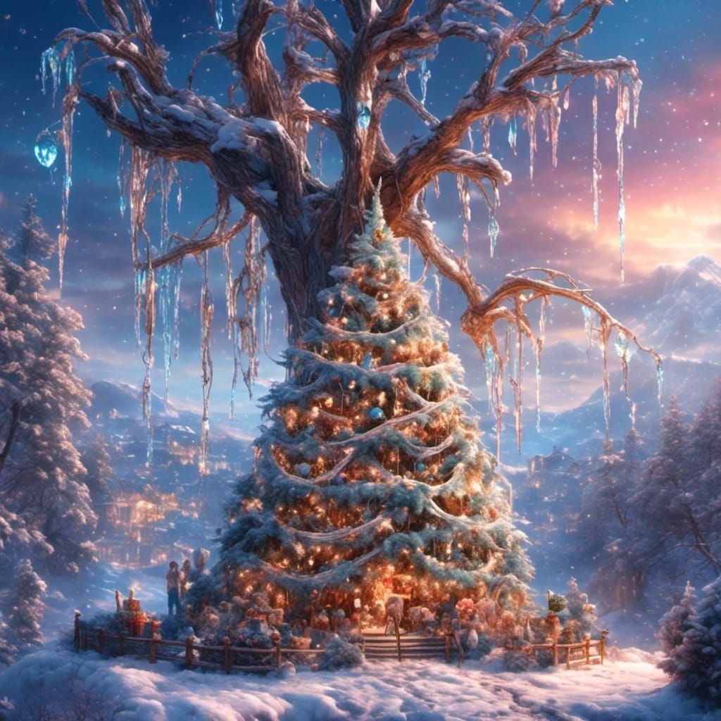 Festive Christmas Tree with Bows and Icicles