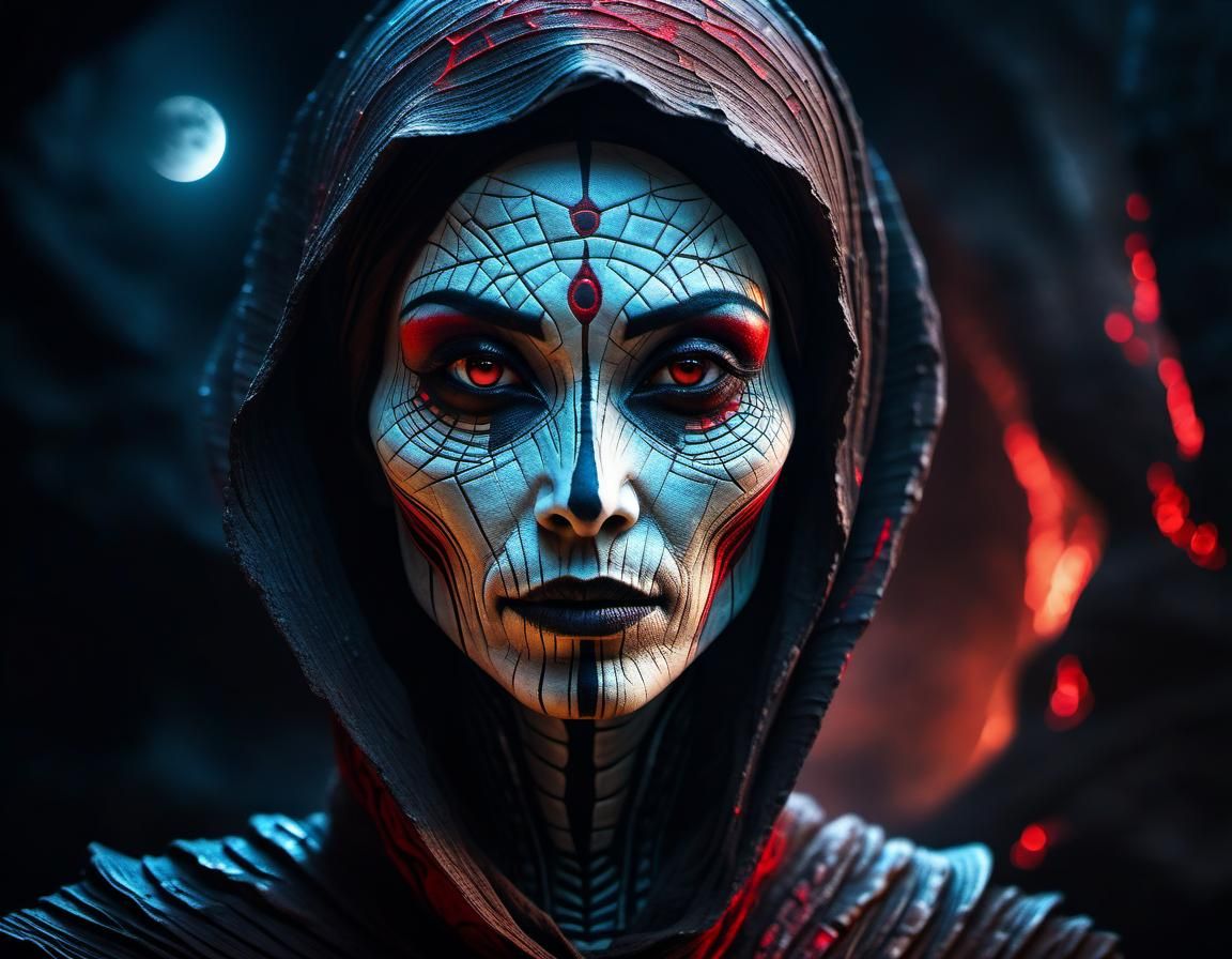 Alien Beauty Portrait in Ancient Red Ink Style