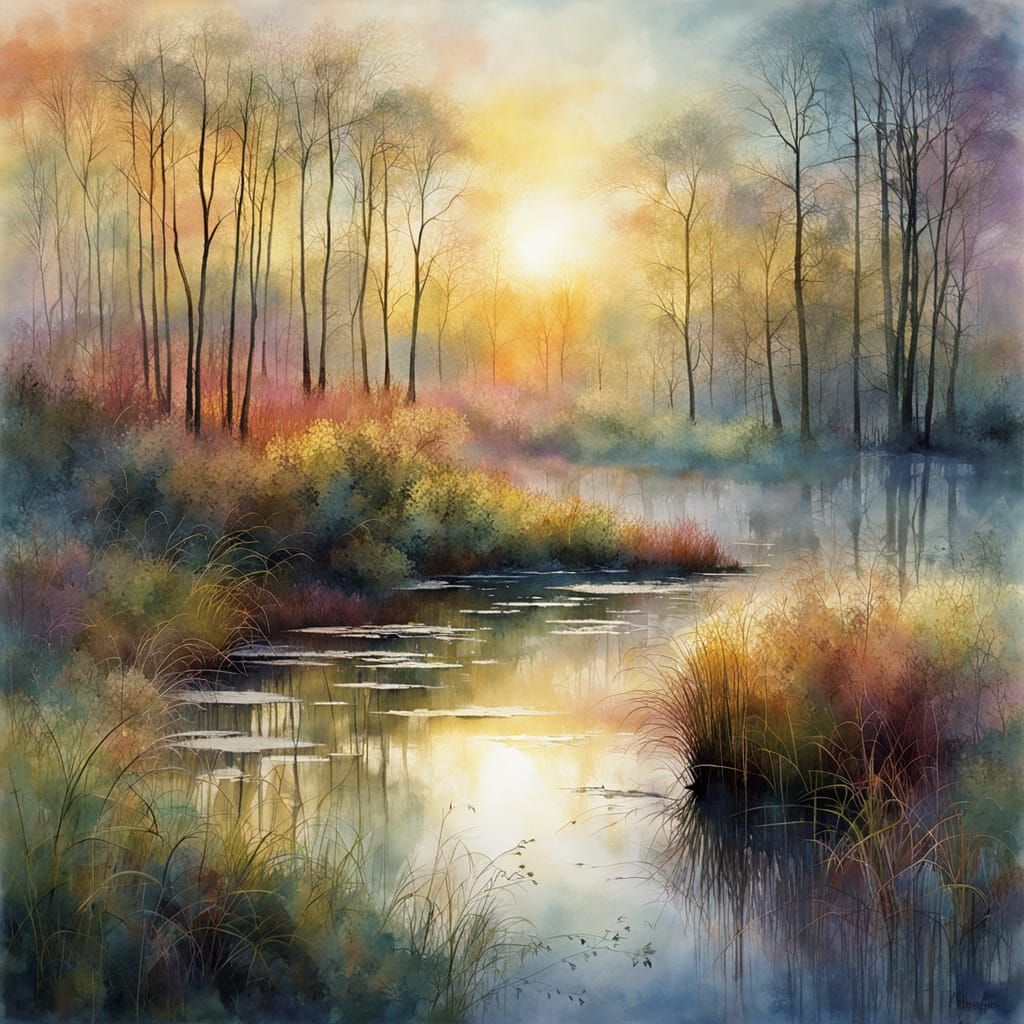 Ethereal and mystical landscape of a spring forest with pond and reeds