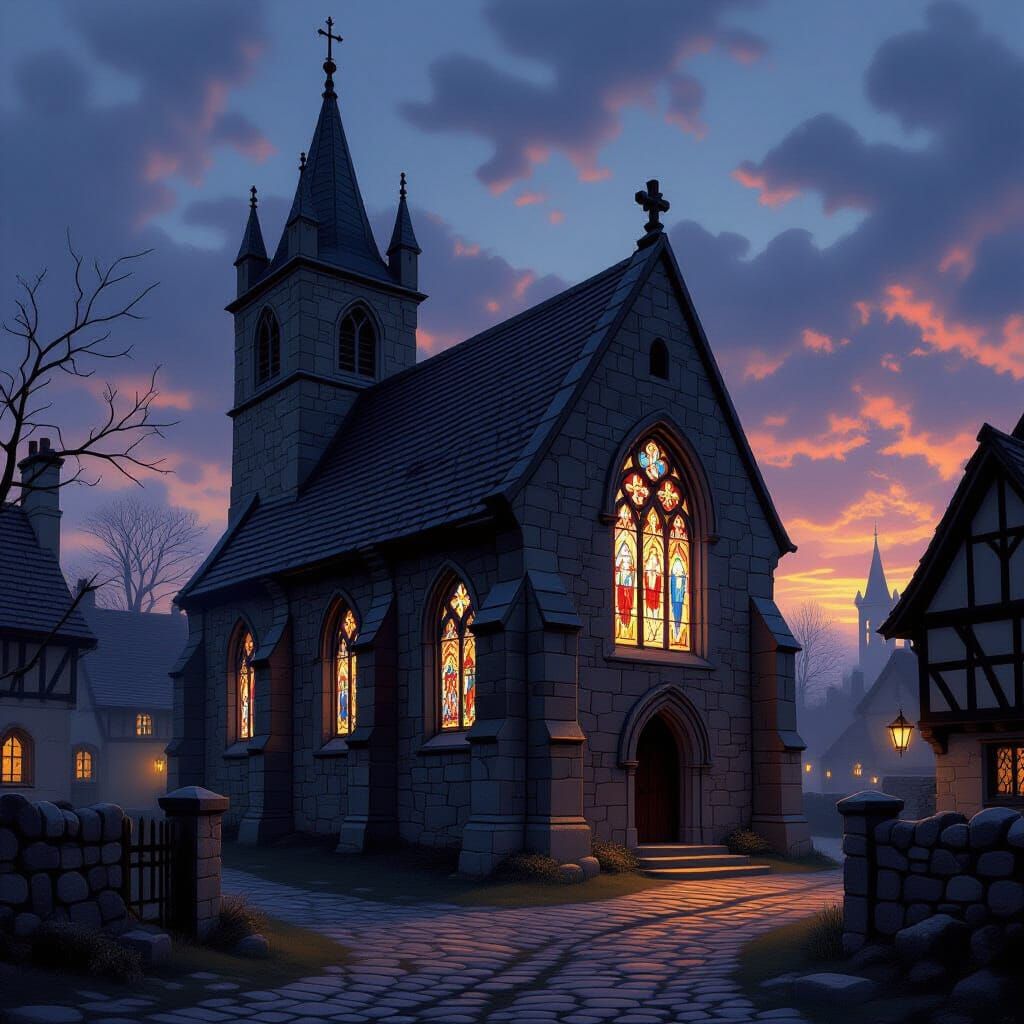 Ancient Gothic Church at Twilight in Medieval Village