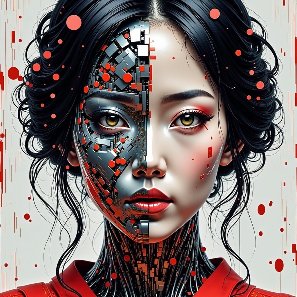 Geisha Cyborg Split Face Portrait in Digital Art