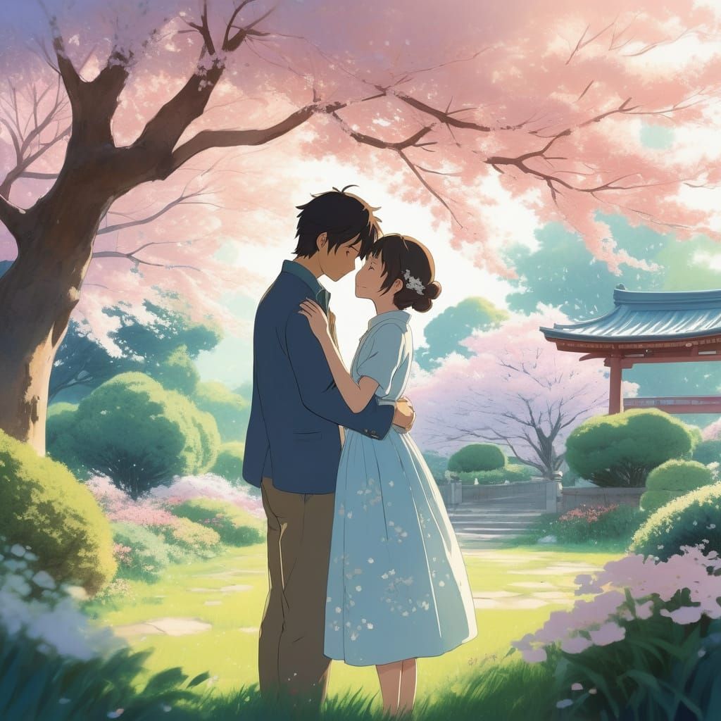 Japanese Princess Comforts Crying Boy in Serene Garden Scene