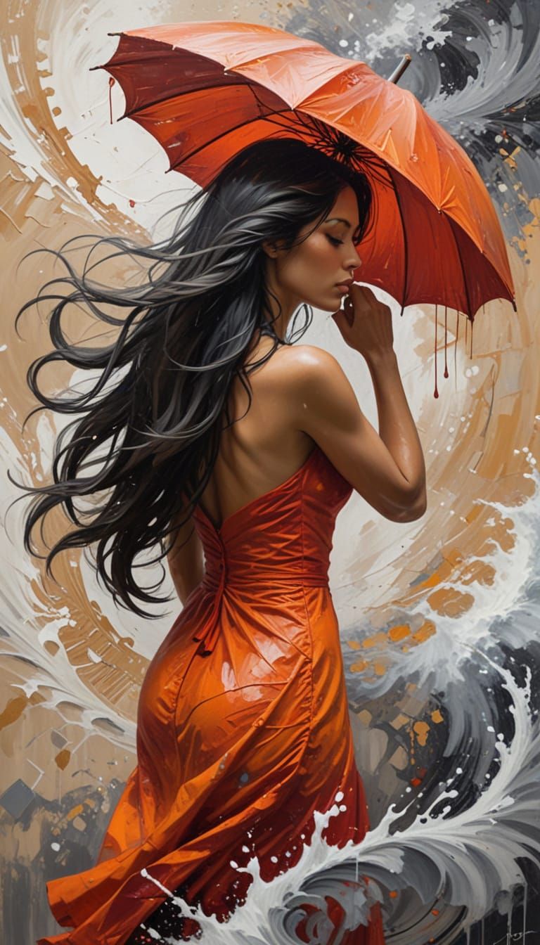 Textured Painting of Solitary Woman with Red Umbrella