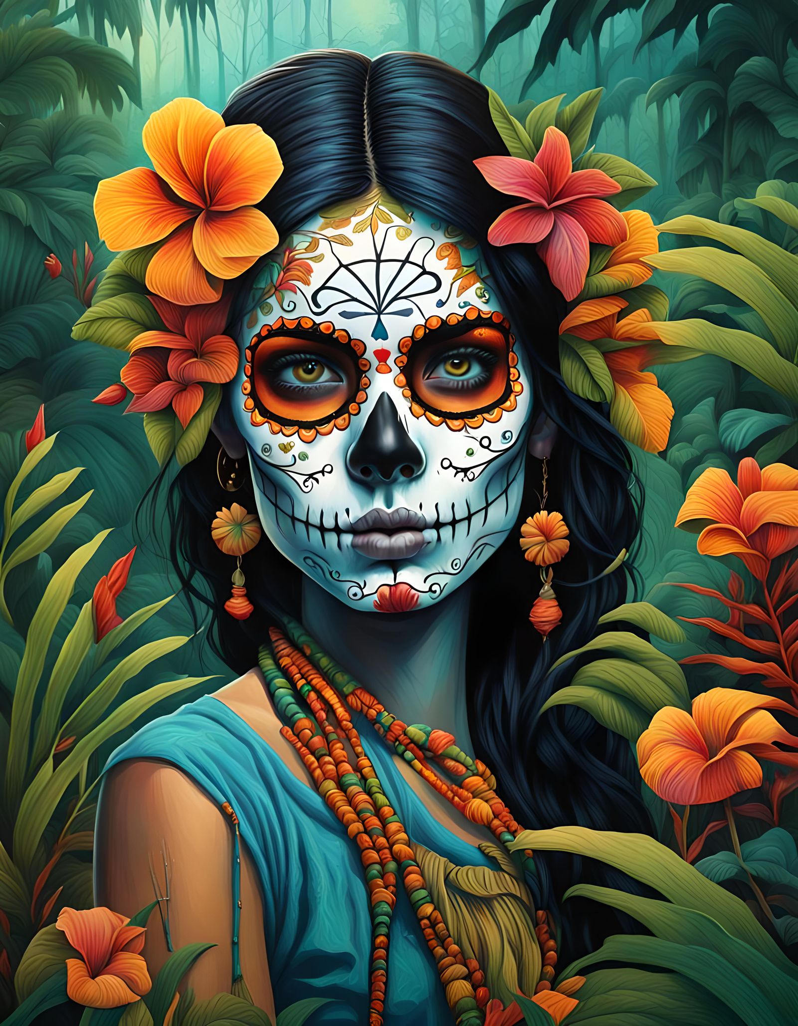 Day of the Dead Girl in Tropical Jungle