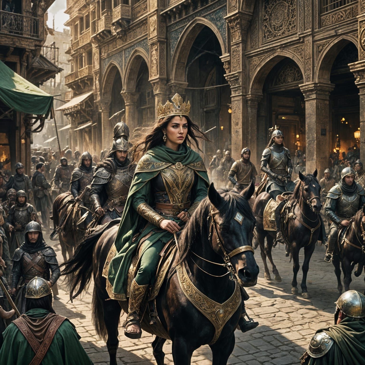 Persian Princess Warrior on Horseback in Marketplace