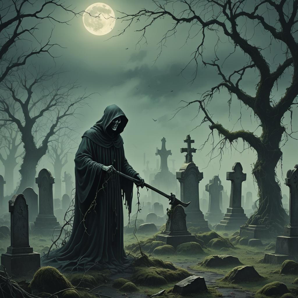 Eerie Grim Reaper in Graveyard, Dark Fantasy Art