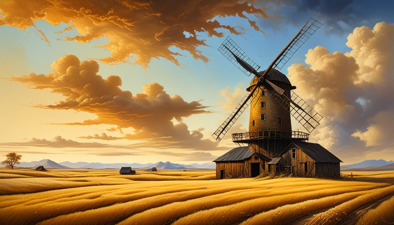 American Plains Barn amidst Golden Wheatfield and Windmill