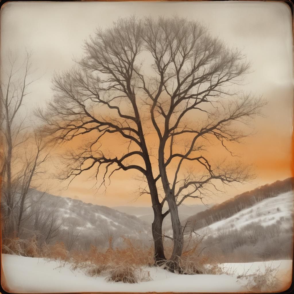 Monochromatic Winter Tree in Ambrotype Style