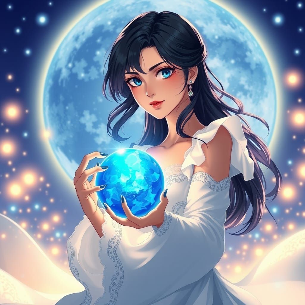 Anime Woman with Blue Magic in Manga Style