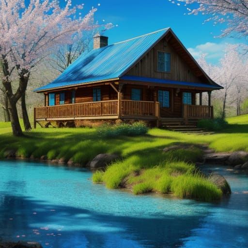 Hyperrealistic Spring Landscape with Cabin