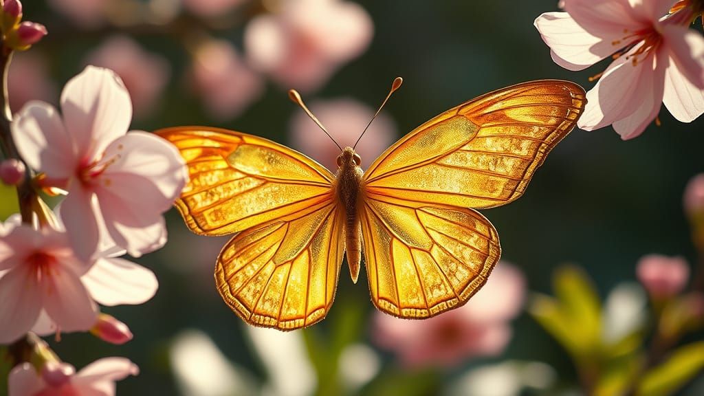 Golden Butterfly with Cherry Blossoms in Ethereal Garden