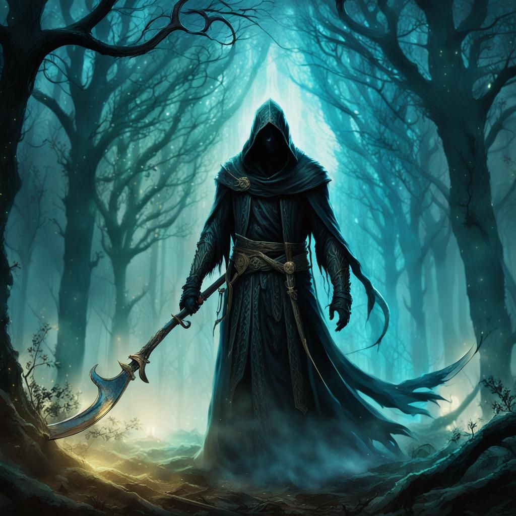 Mystical Grim Reaper in Dim Forest: Fantasy Art