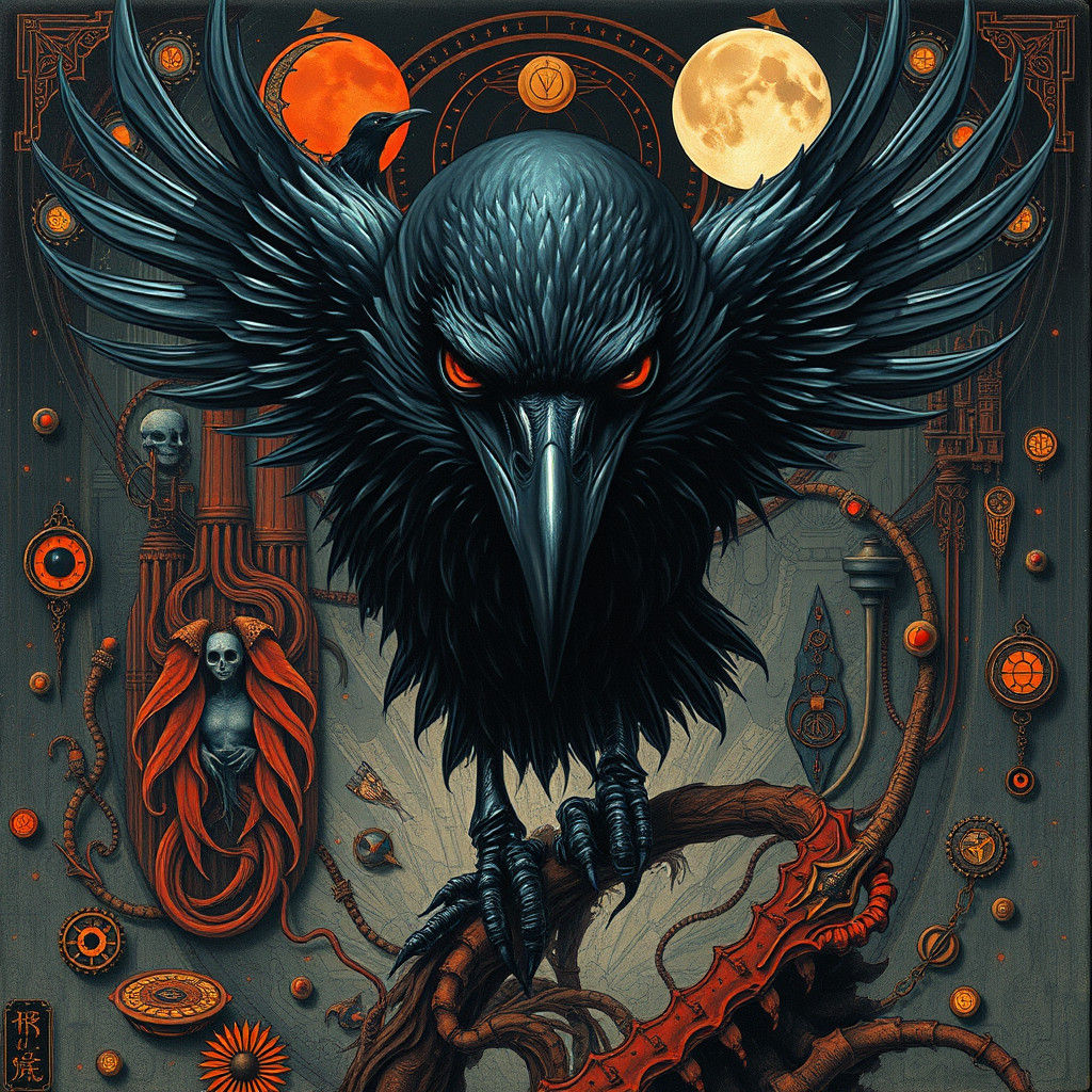 Majestic Raven in Surreal Art Deco Nightmare