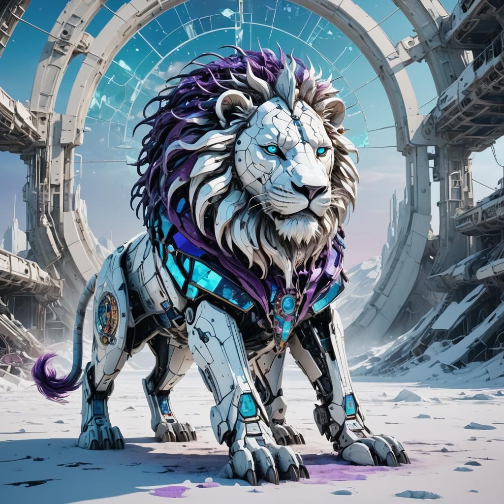 Cyberpunk Biomechanical Lion with Stained Glass Mane