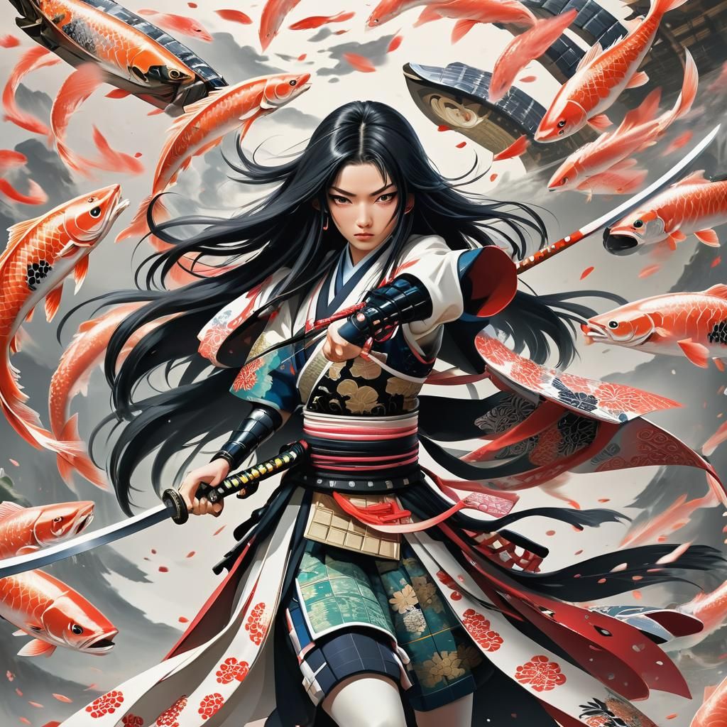 Fierce Samurai Girl Slicing Salmon: Anime Art
