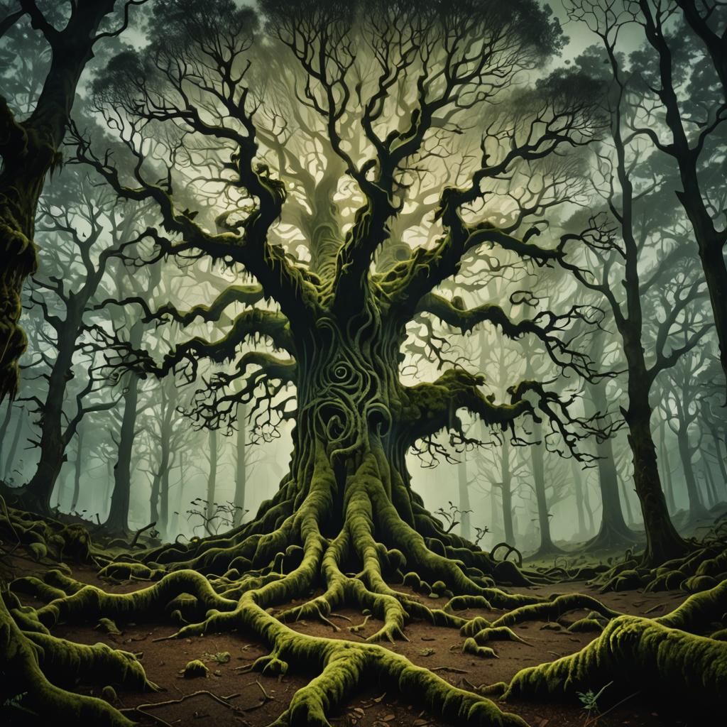 Glowing Tree in Foggy Forest: Surreal Etching Art