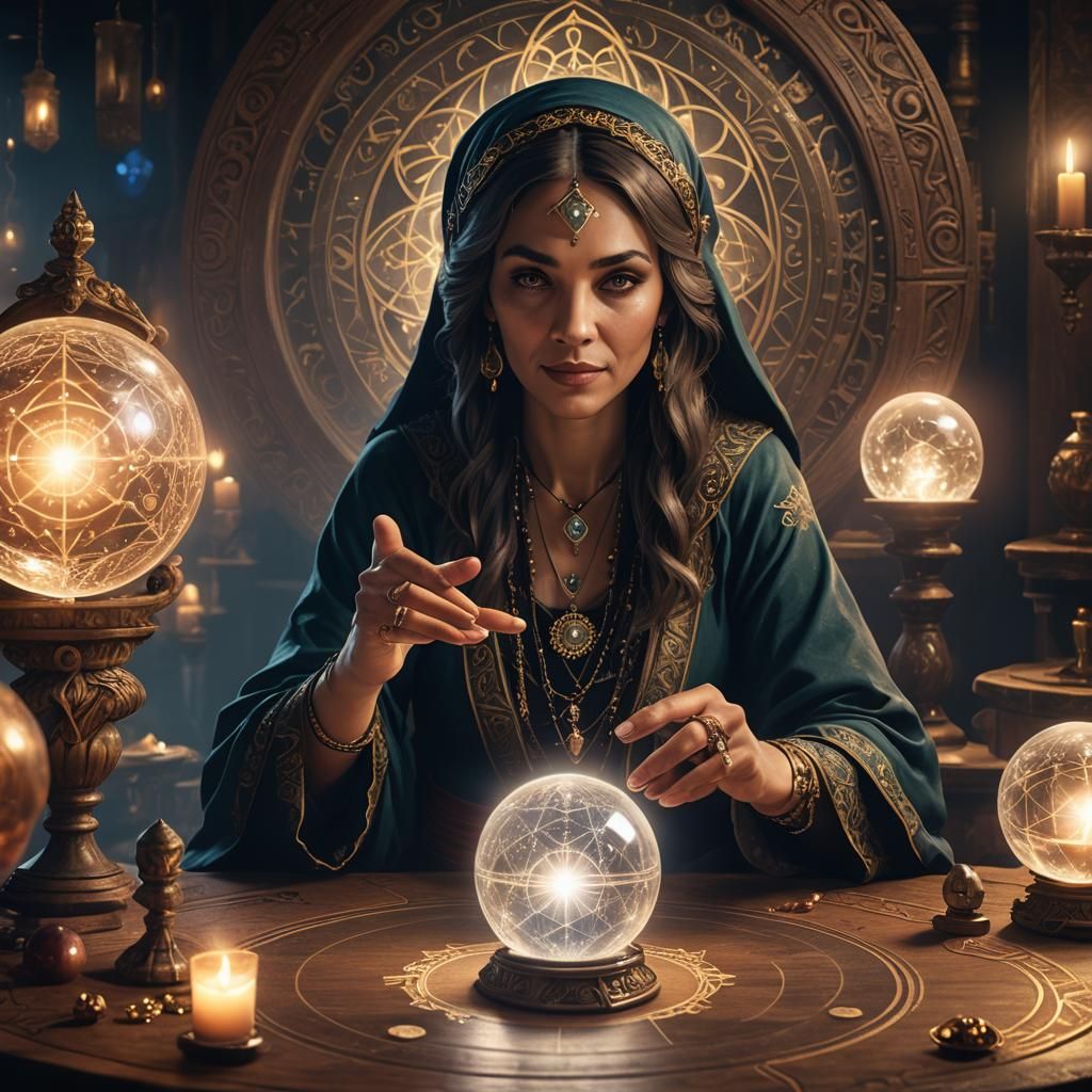 Mysterious Fortune Teller with Glowing Crystal Ball