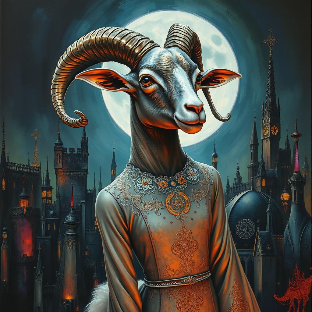 Ethereal Elf Ram: Heavy Metal Impasto Art
