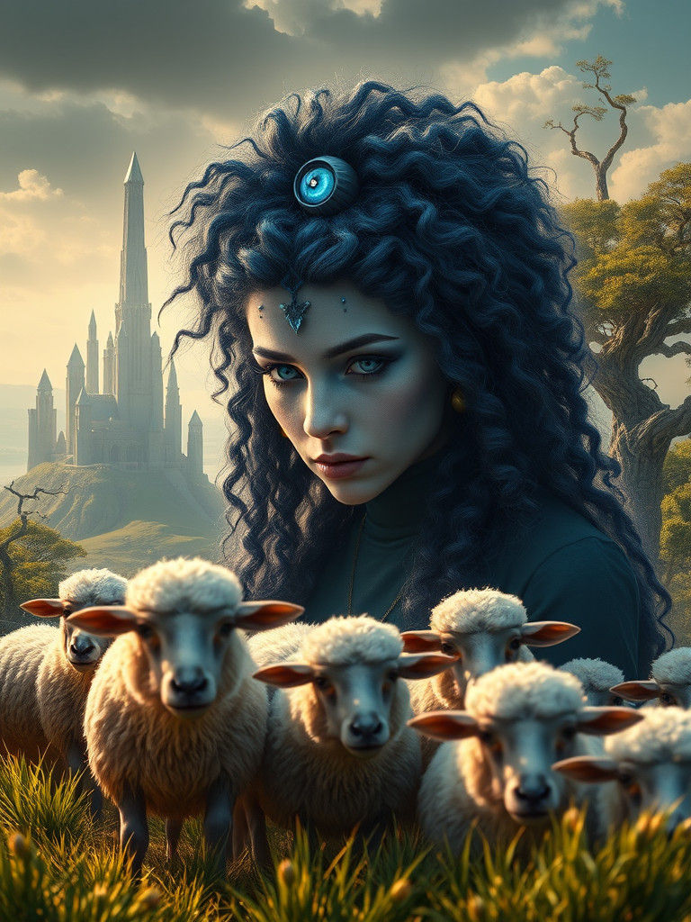 Mystical Cyclops Woman Portrait on Sun-Drenched Isle