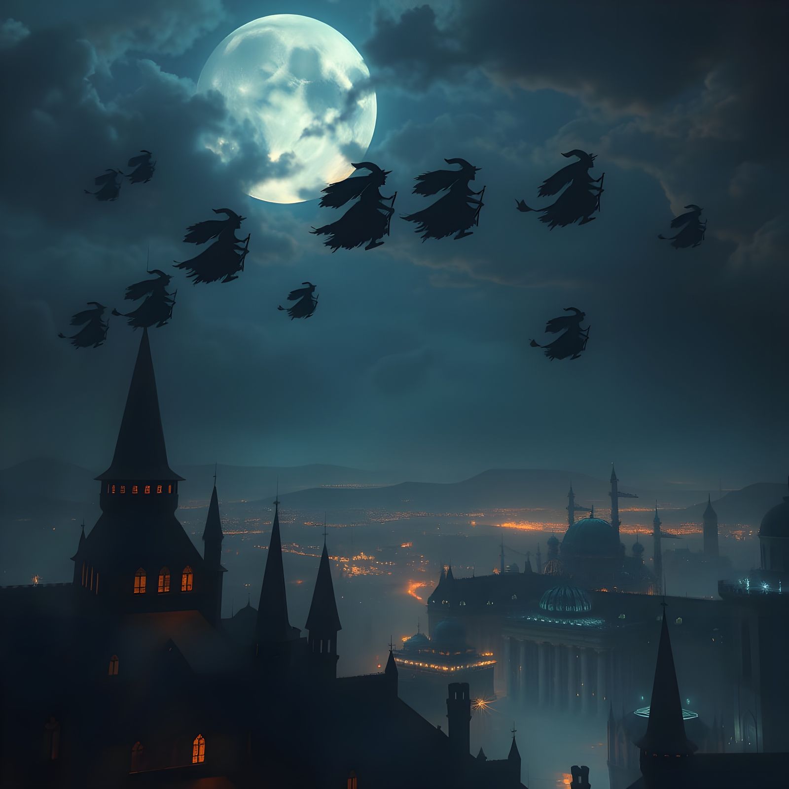 Witches Silhouette Flying Over Fantastical City in Ethereal ...