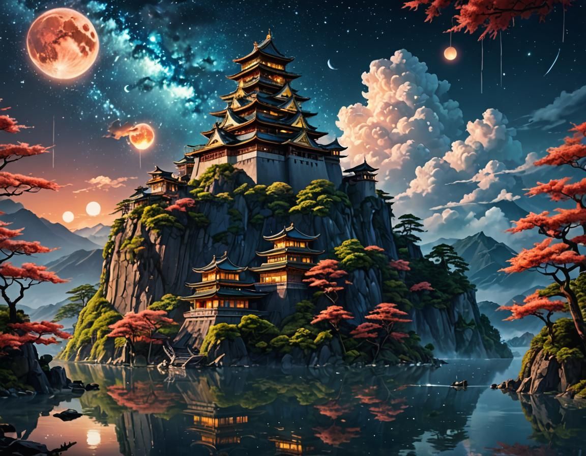 Cosmic Japanese Castle Under Starry Galaxy