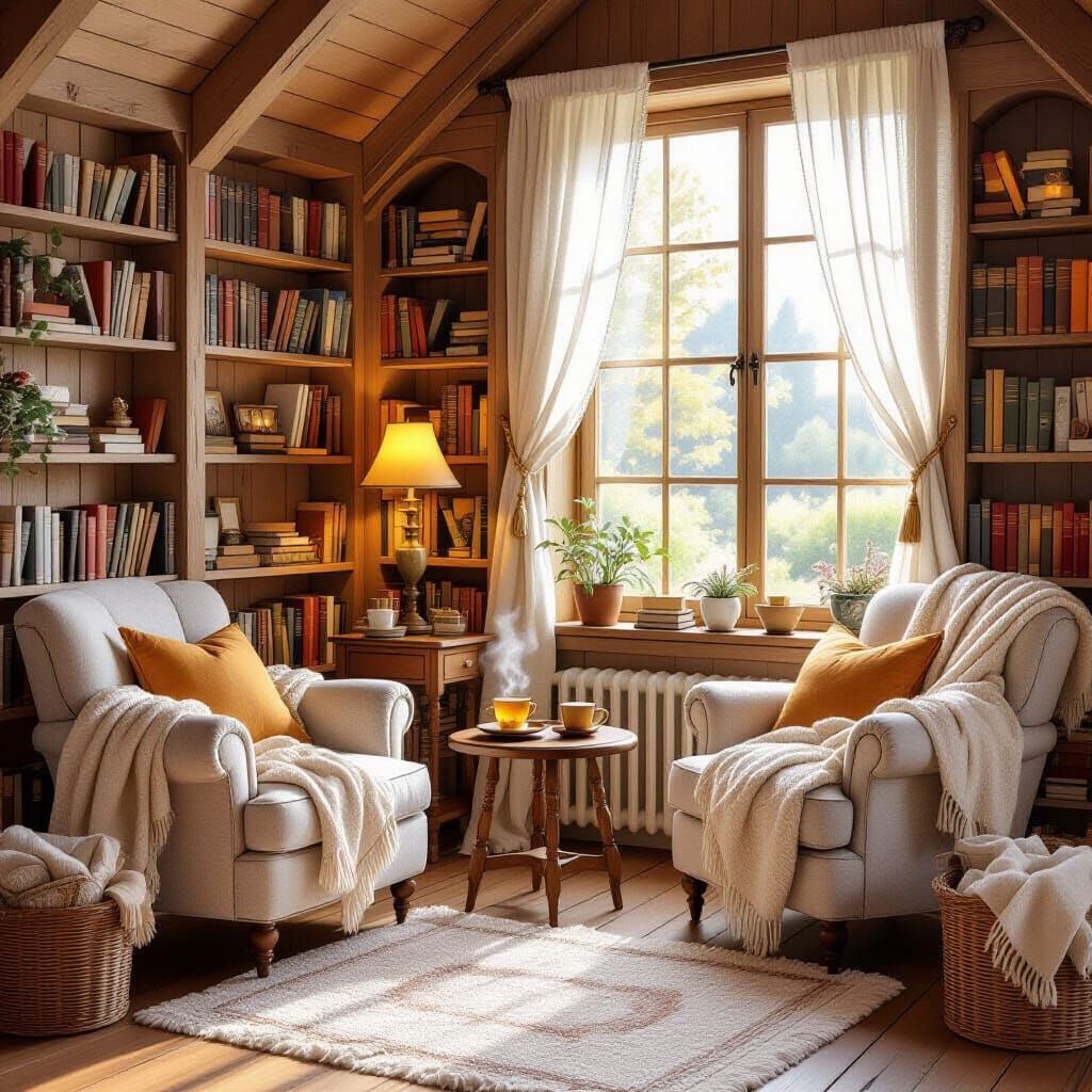 Cozy Reading Nook in Watercolor Style