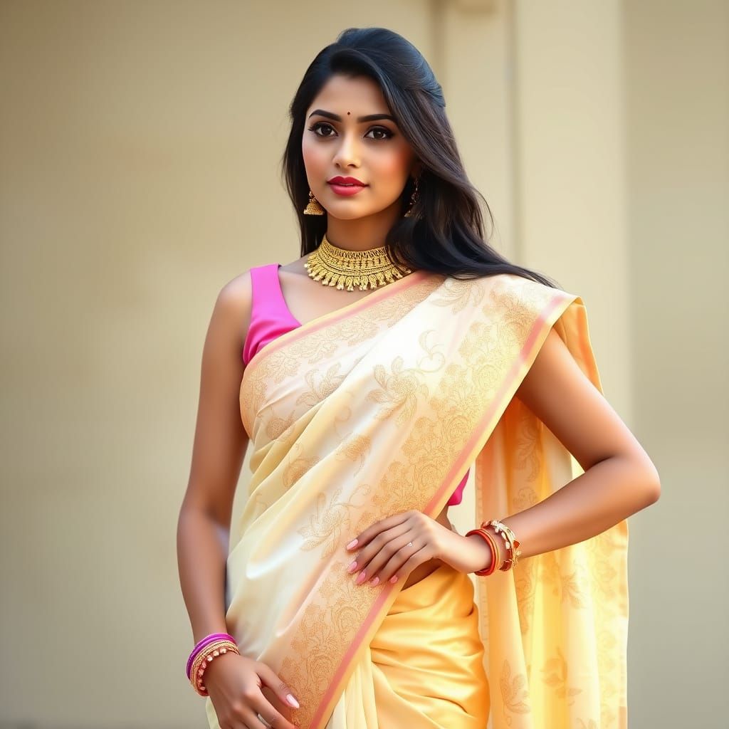 Elegant Model in Golden Saree, Digital Art