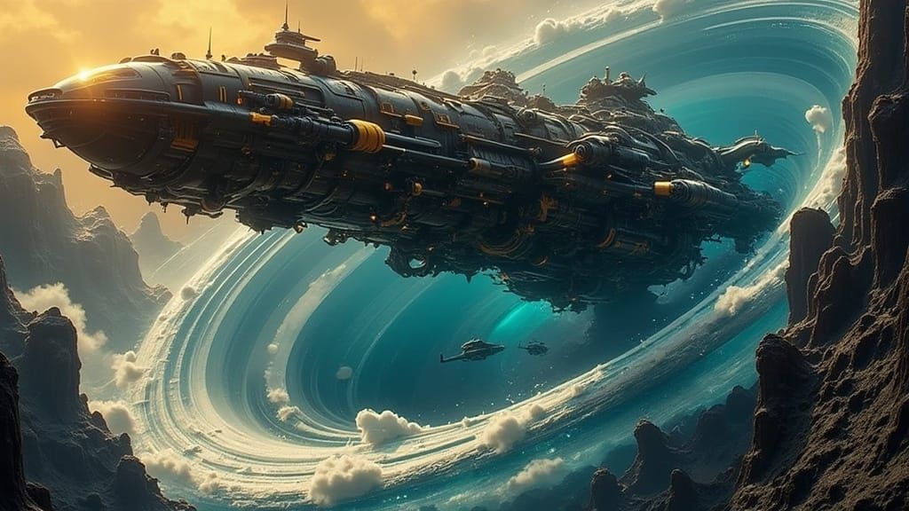 Gargantuan Futuristic Warship Emerges from Cosmic Vortex