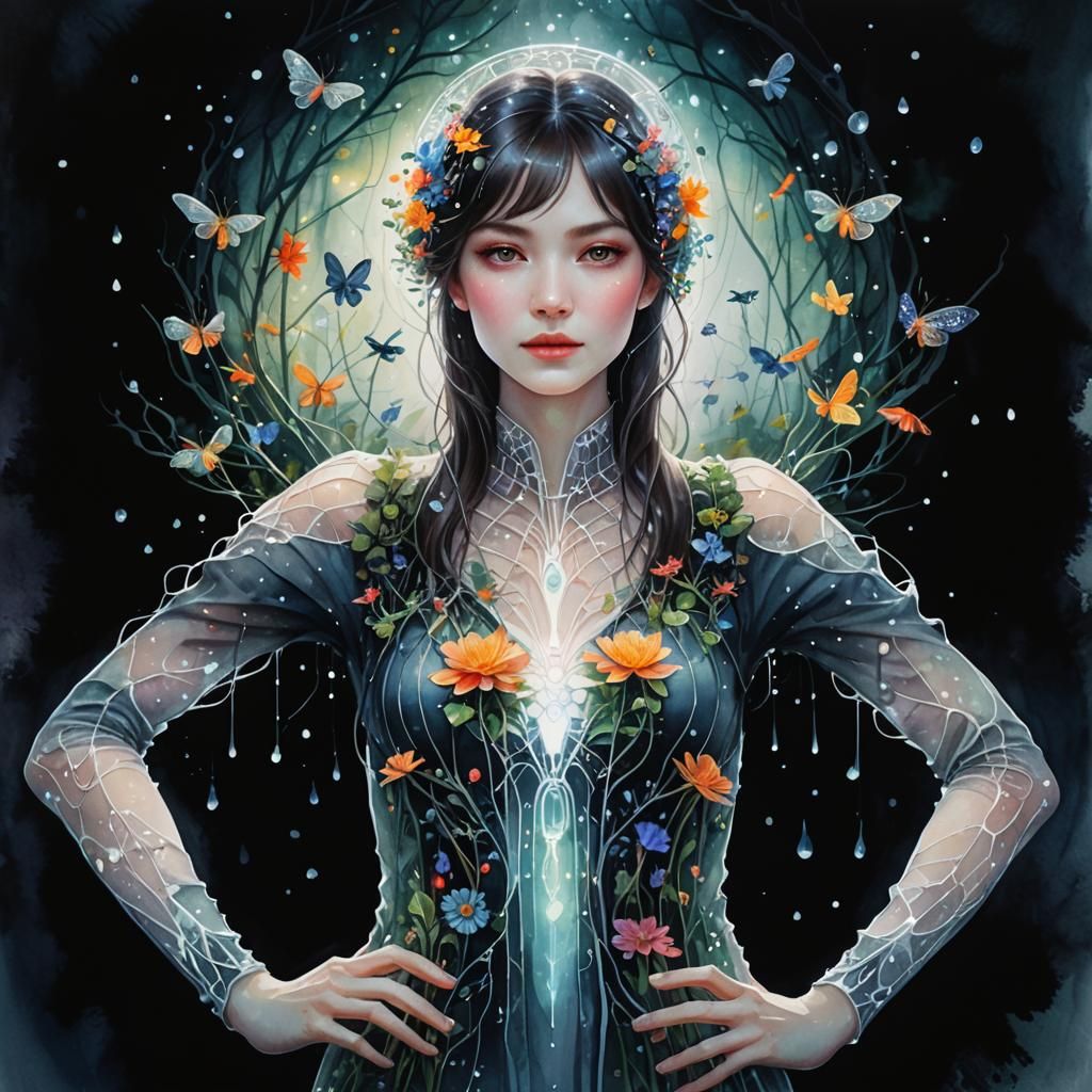 Woman in Mystical Garden with Dew Drops