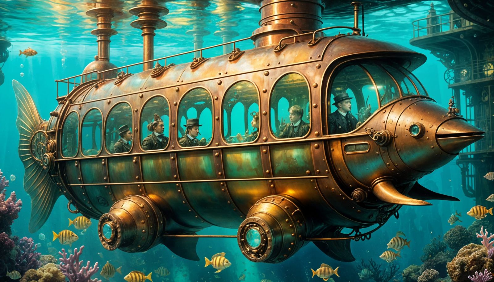Steampunk Shuttle Docks in Teal Underwater City