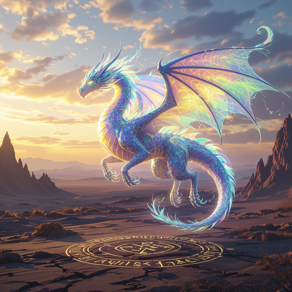 Iridescent Spectral Dragon Soaring Over Ancient Landscape