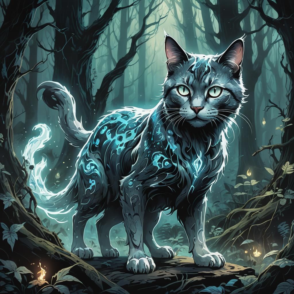 Ethereal Ghost Cat in Mystical Forest: Ink Concept Art