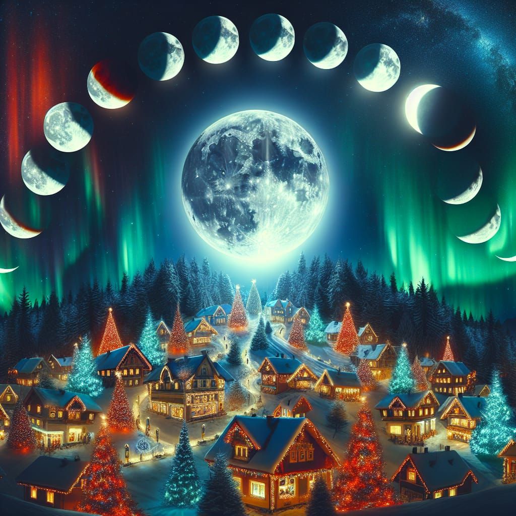 Full Moon Eclipse Over Christmas Village Digital Art