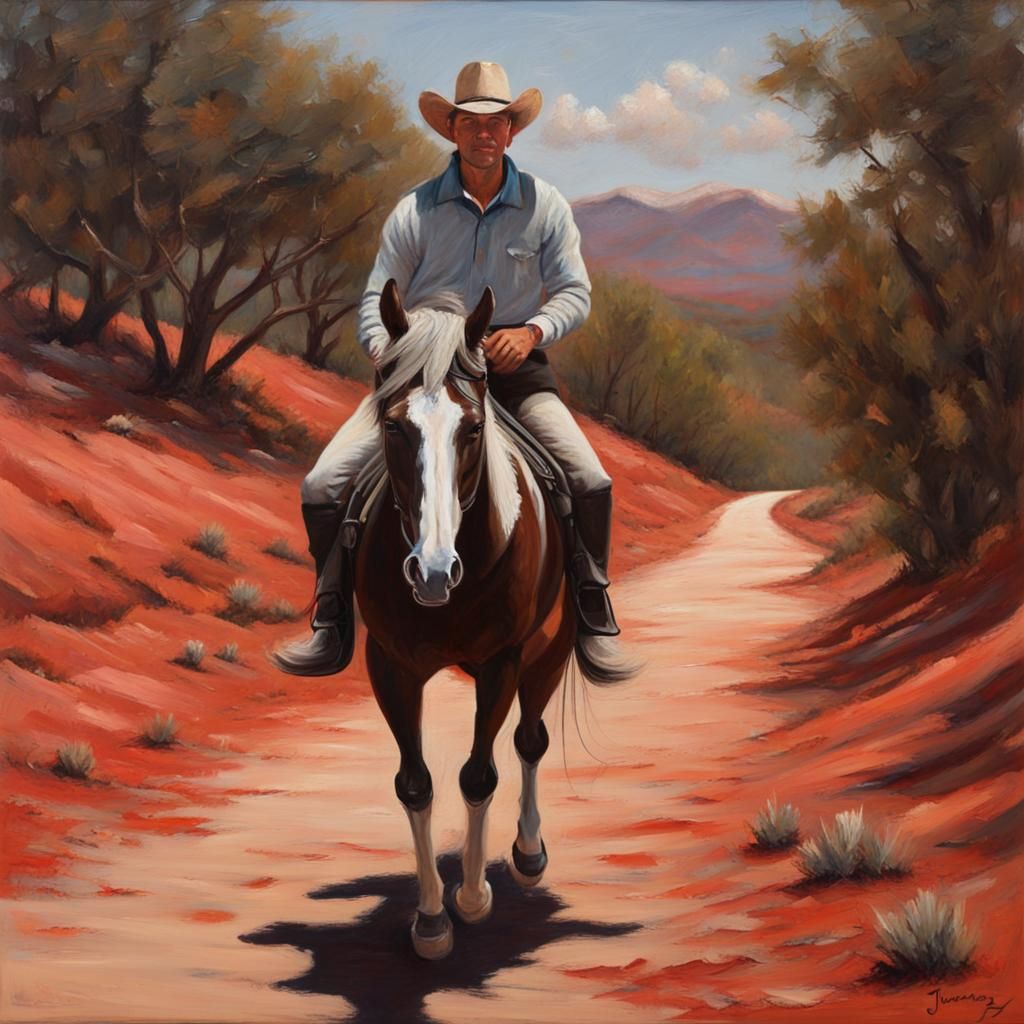 Man on Horseback on Red Dirt Trail in Oil Paint