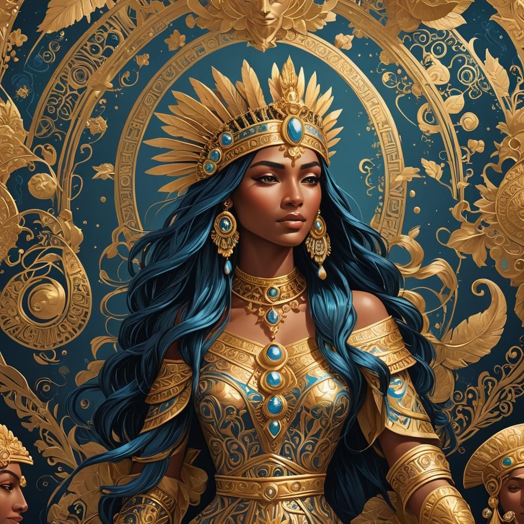 Aztec Woman in Gold and Azure: Detailed Matte Painting