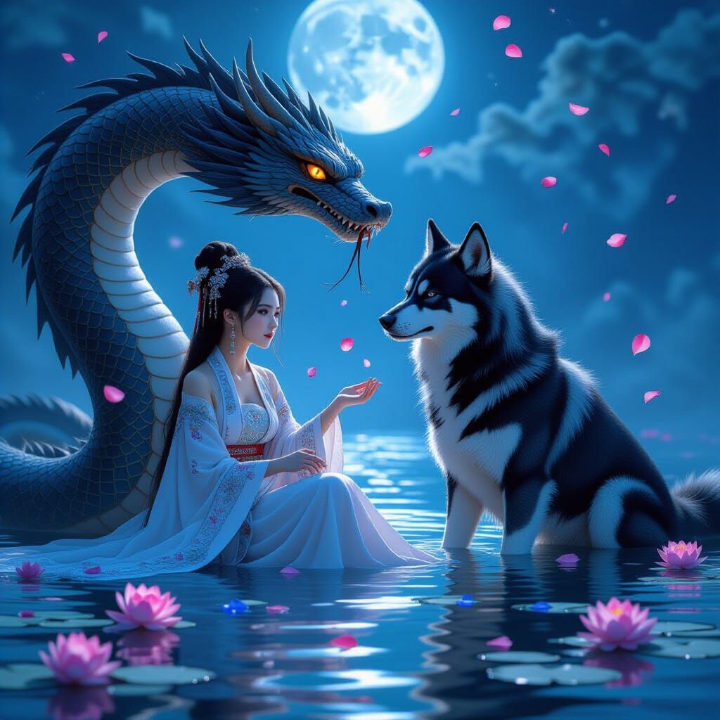 Girl with Serpent and Hellhound in Moonlight
