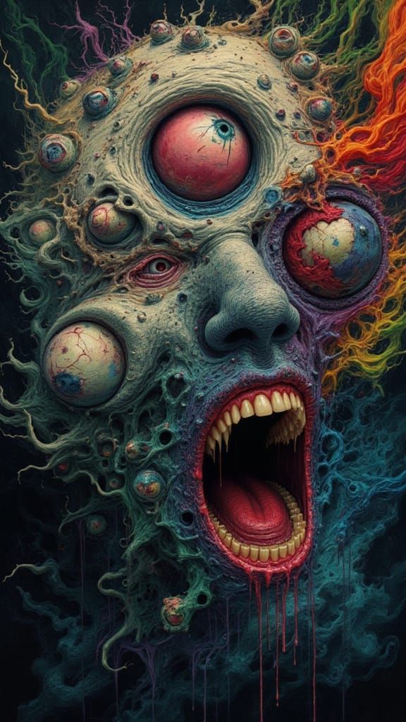 Fractal Man With Mutated Face In Rainbow Dreamscape