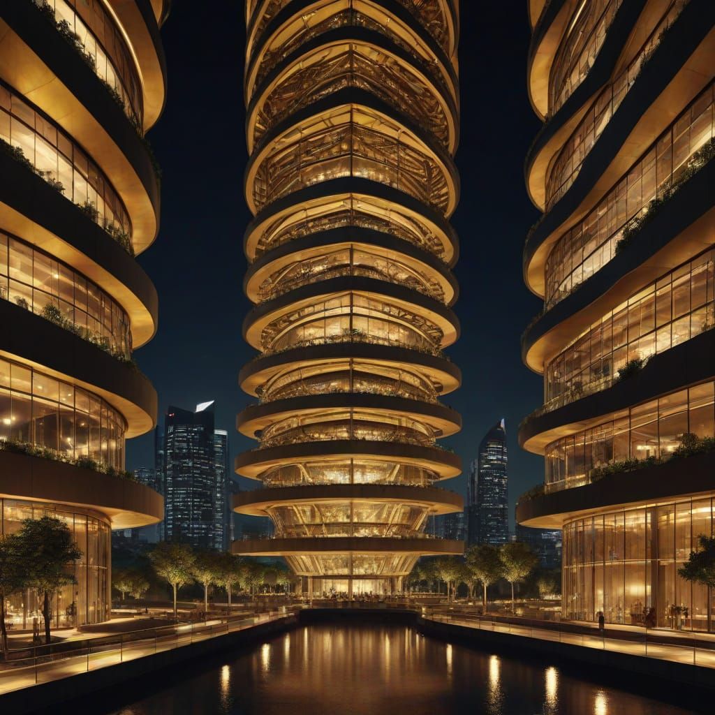 Eco-Friendly Megastructure Arcology at Night in MVRDV Style