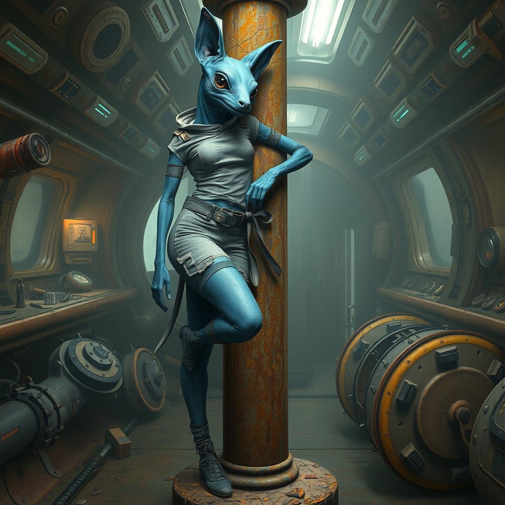 head to feet portrait of a cute curvy humanoid blue shimmering alien dog species female with big lizard eyes