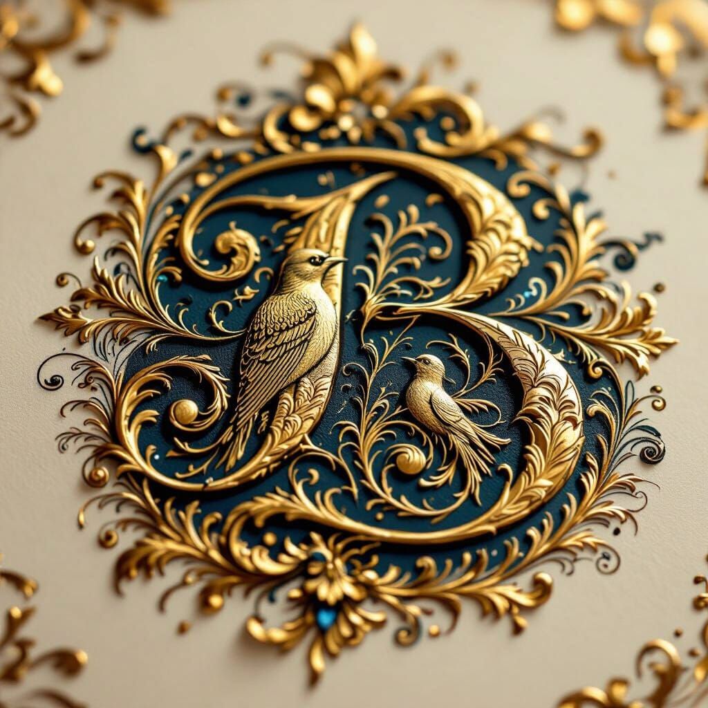 Elegant Gilded "B" Calligraphy with Bird and Baroque Flouris...