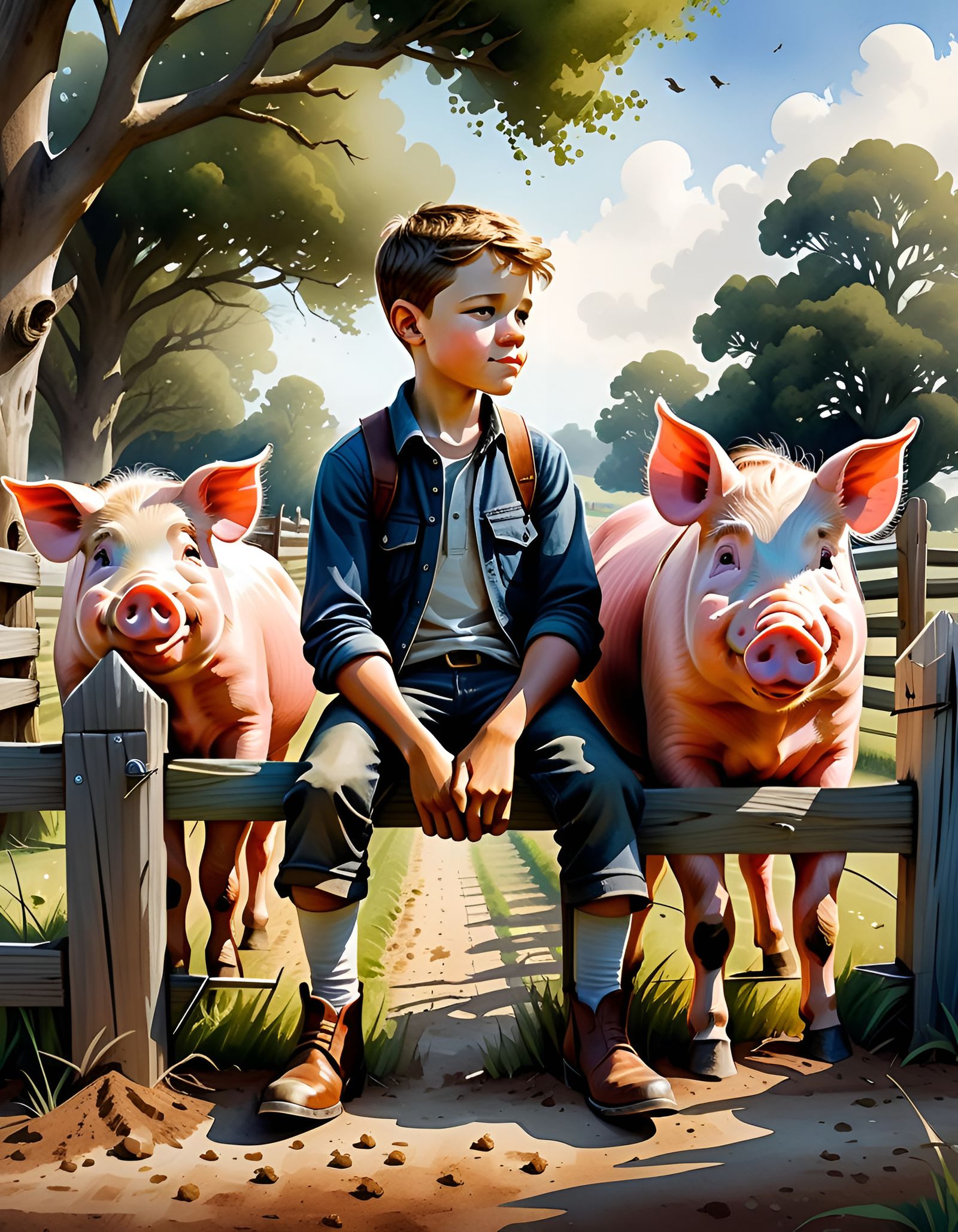 Farm Scene: Boy, Horse and Pigs in Watercolor