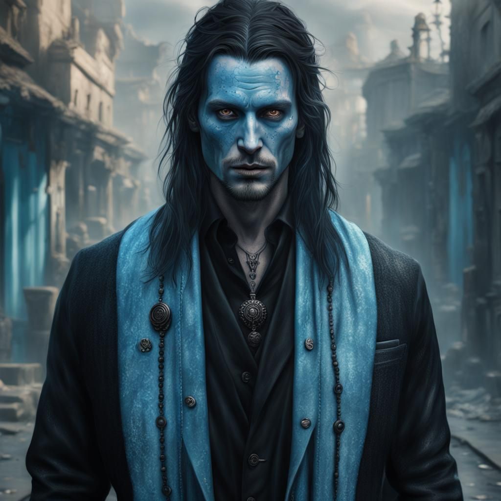 Handsome Blue-Skinned Man with Face Tattoos