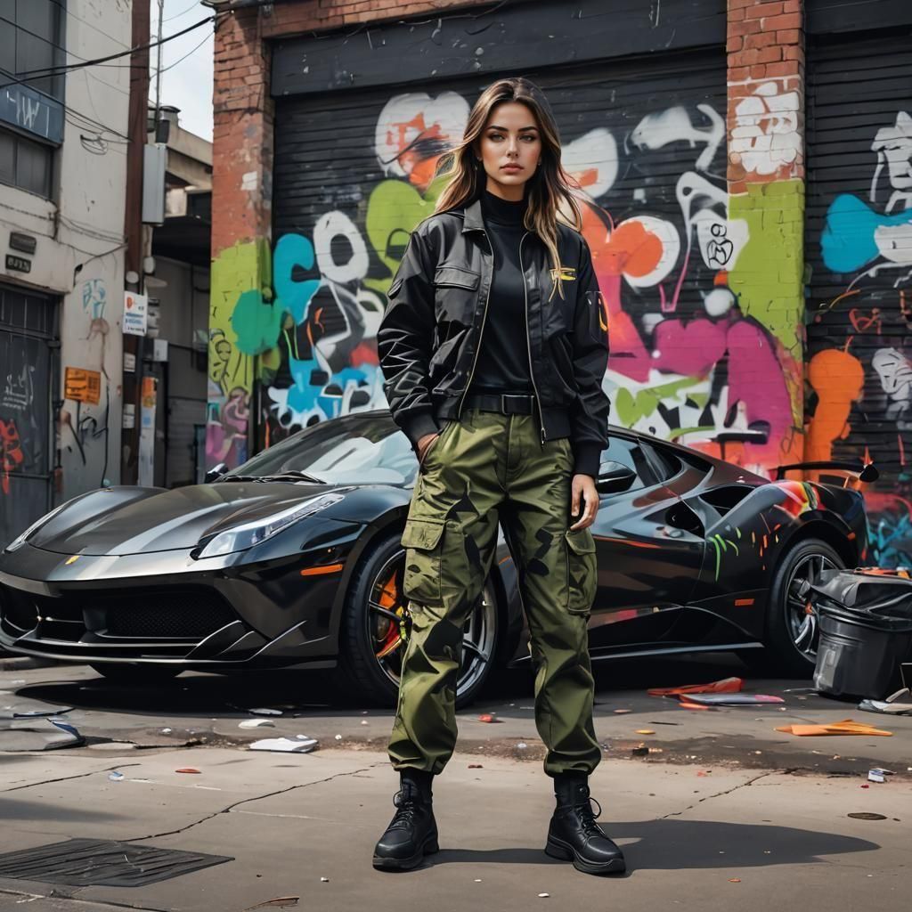 Girl in Cargo Pants Beside Black Ferrari in Graffiti Art