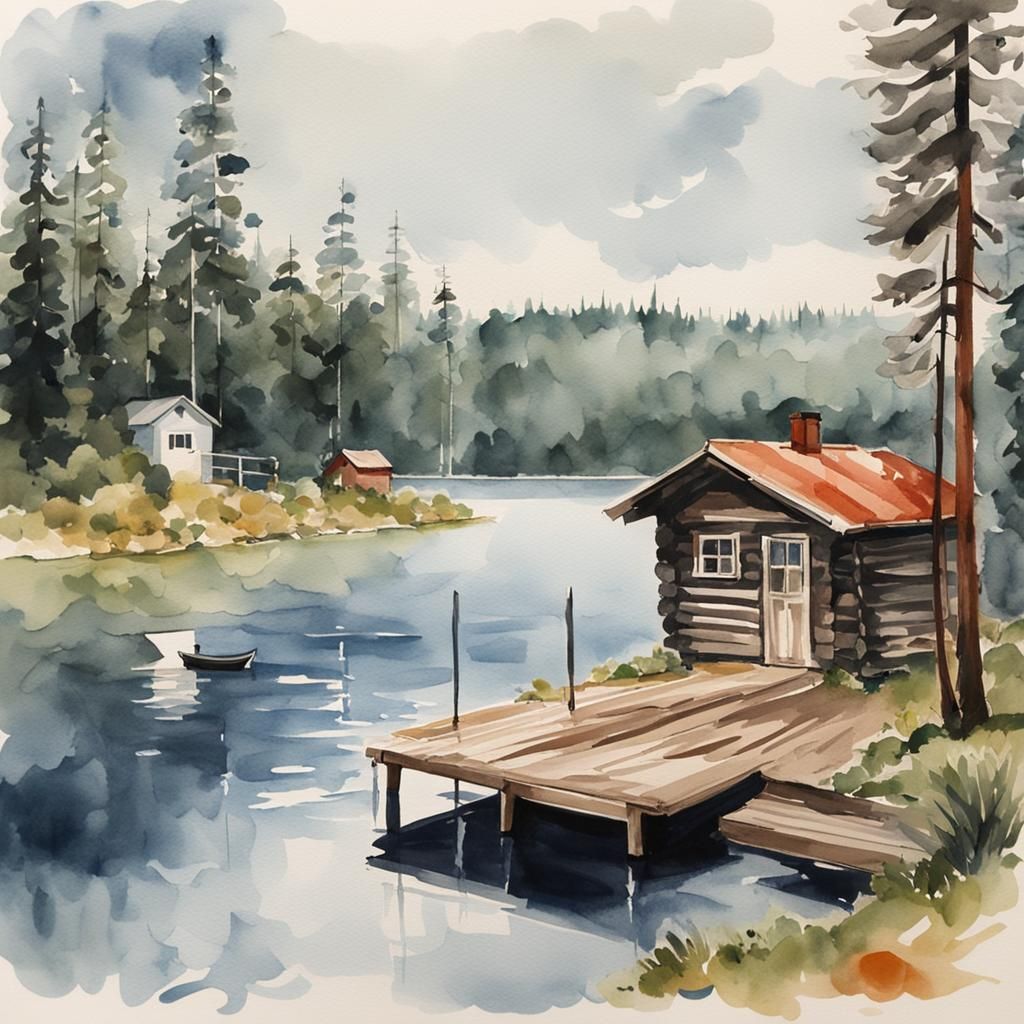 Watercolor Finnish Cabin Scene with Sauna and Lake