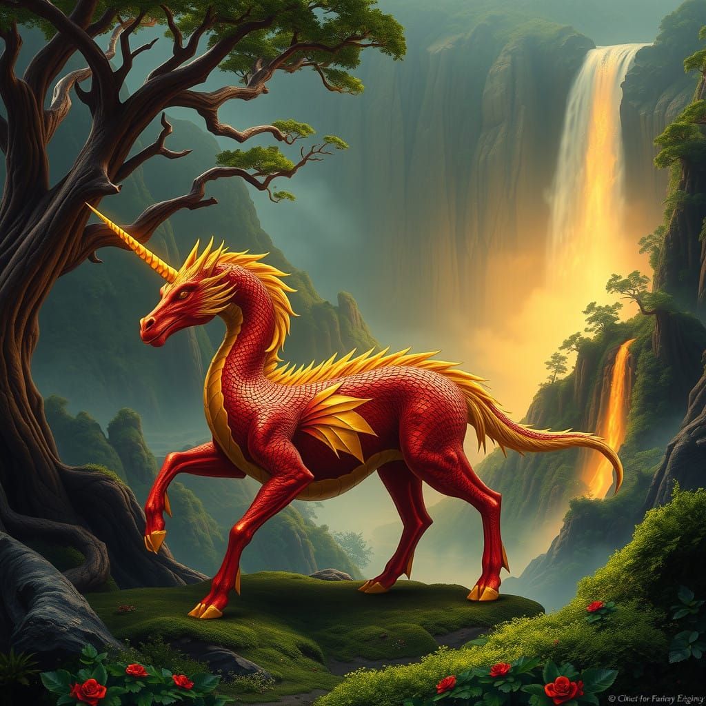 Ethereal Dragon Unicorn in Lush Volcanic Valley Art Nouveau....