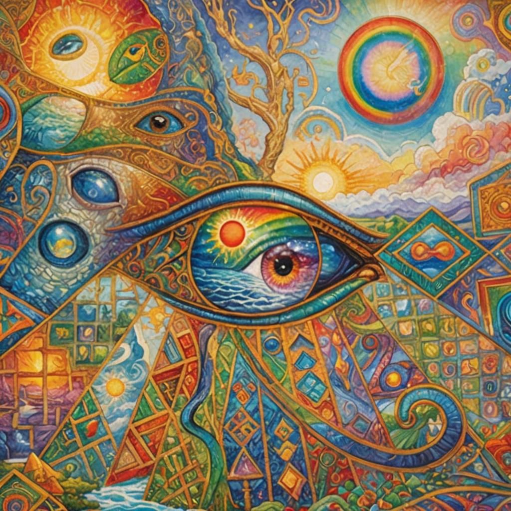 Eye of Ra Reflecting Rainbow Landscape in Surreal Style