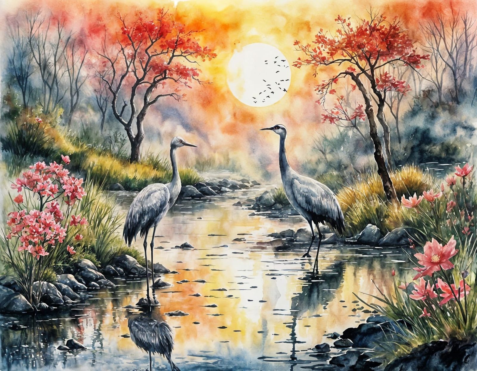 Creek with Cranes at Sunrise in Watercolor Style