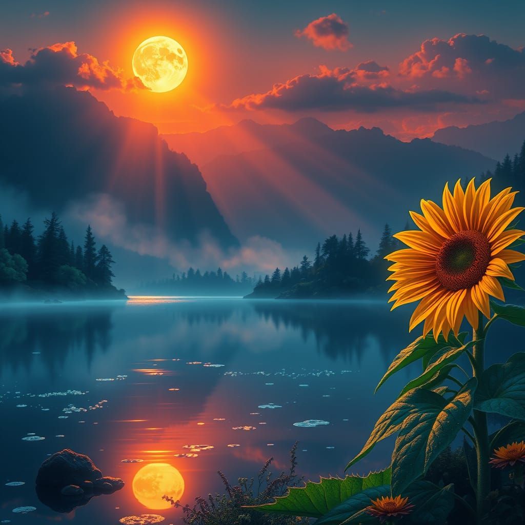 Bioluminescent Sunflower Sunset: Fantasy Landscape Digital A...
