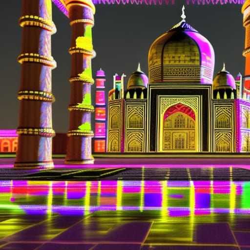 Neon Taj Mahal at Night: Hyperrealistic Impressionism