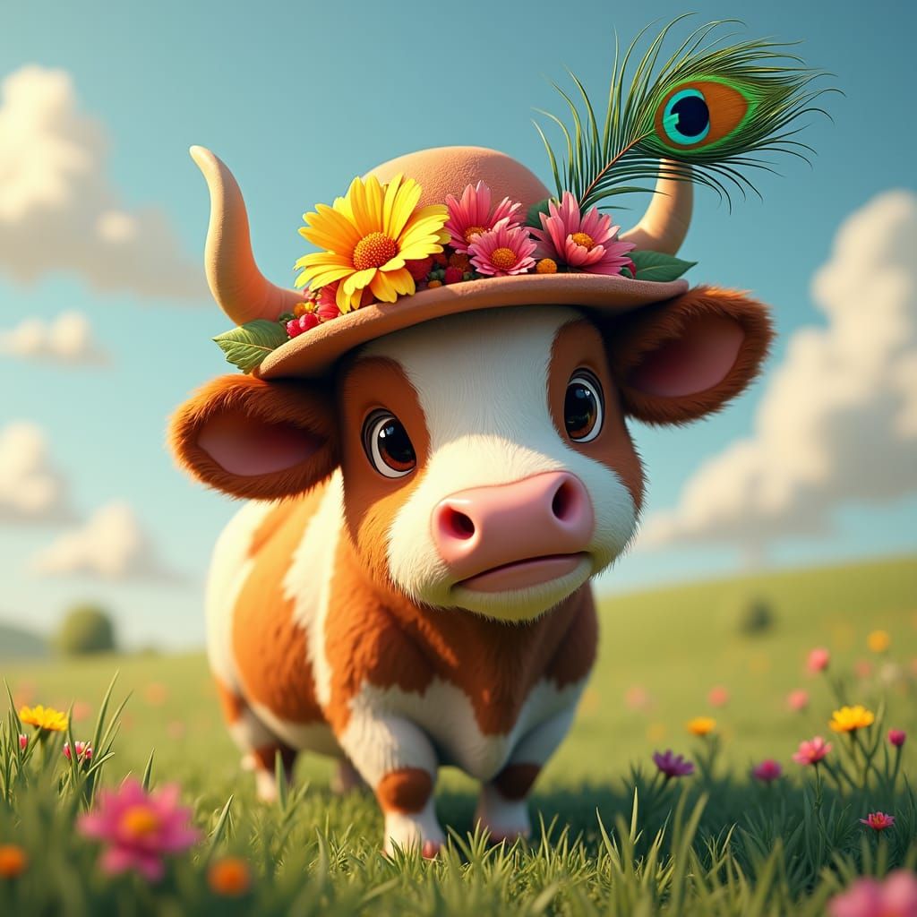 Daisy the Jersey cow sports her beautiful hat with flowers a...